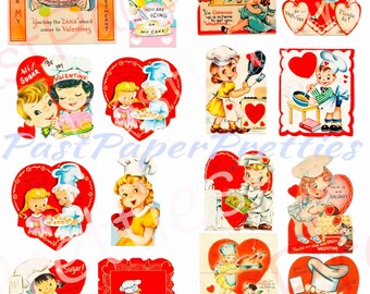 Vintage Kochen Valentinstag Karten Niedliche Köche Bäcker Backen Collage Sheets Printable PDF Sofortiger digitaler Download Retro-Küche unter dem Motto