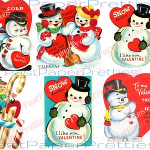 Vintage druckbare Retro Weihnachtsthemen Valentinstag Karten Schneemänner Elfen Bilder PDF Sofortiger digitaler Download Kreuz Thema Valentines