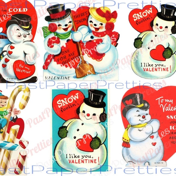 Vintage Printable Retro Christmas Themed Valentine Cards Snowmen Elf Images PDF Instant Digital Download Cross Theme Valentines