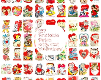 Vintage Kitty Cat Valentijnskaarten ALLE KATTEN zoveel schattige afbeeldingen afdrukbare pdf Instant digitale download Kitsch kawaii kitten illustraties