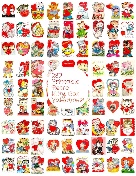 Vintage Kitty Cat Valentine Cards ALL CATS So Many Adorable Images Printable PDF Instant Digital Download Kitsch Kawaii Kitten Clip Art