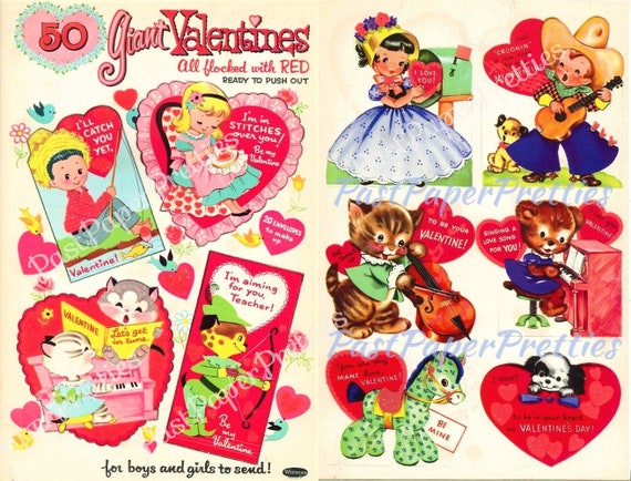 50 Vintage Printable Valentine Cards Retro 1962 Cute Kitsch Girls Boys  Animals Collage Sheets PDF Instant Digital Download Nostalgic '60s 