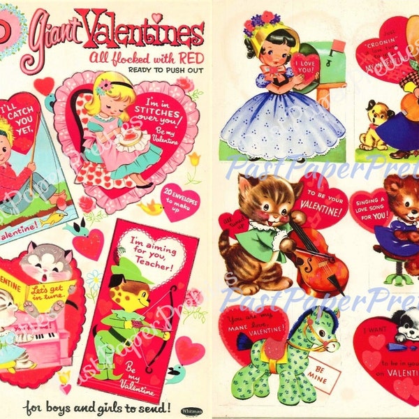 50 Vintage Printable Valentine Cards Retro 1962 Cute Kitsch Girls Boys Animals Collage Sheets PDF Instant Digital Download Nostalgic '60s