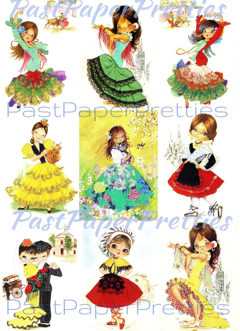 Vintage Printable Pretty Big Eyed Spanish Dancer Girls 1970s Postcard Images PDF Instant Digital Download Kitsch Fabric Dresses 300 dpi image 1