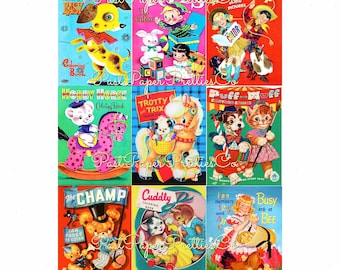 Portadas para libros de colorear infantiles vintage, imprimibles, retro, lindas, 9 imágenes, hojas de collage ATC, PDF, descarga digital instantánea, imágenes prediseñadas de libros infantiles kitsch