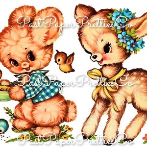 Imágenes de calcomanías de animales vintage retro de conejito y cervatillo con pájaros para guardería, descarga digital instantánea, animales kitsch kawaii de los años 60