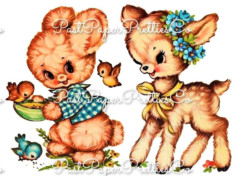 Vintage Retro Baby Bunny and Fawn With Birds Animal Nursery Decal