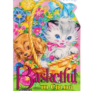 Livro de colorir vintage para impressão Basketful To Color c. 1940 PDF Download digital instantâneo Kitsch Cute Animals and Toys 16 páginas