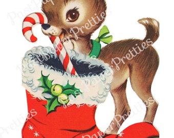 Vintage Printable Cute Reindeer Deer Christmas Money Card Image Santa Loot Boot Instant Digital Download Kitsch Woodland Forest Friend