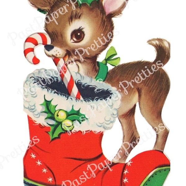 Vintage Printable Cute Reindeer Deer Christmas Money Card Image Santa Loot Boot Instant Digital Download Kitsch Woodland Forest Friend