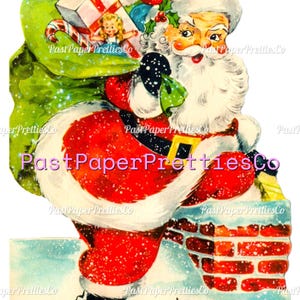 May include: A vintage-style illustration of Santa Claus wearing a red suit with white fur trim, carrying a large green sack filled with a gift box and a doll. Santa stands next to a brick chimney, with the text Hi! written at the bottom.