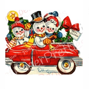 Tarjeta navideña vintage imprimible Feliz muñeco de nieve retro Familia de nieve en auto Imagen c. 1940 Descarga digital instantánea Imágenes prediseñadas de vacaciones kitsch