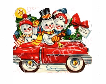 Vintage Printable Christmas Card Happy Retro Snowman Snow Family In Car Image c. 1940s Instant Digital Download Kitsch Holiday Clip Art
