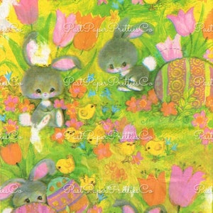 Vintage Printable Ostern Geschenkpapier Retro Osterhasen Küken Tulpen Eier Geschenkpapier Sofortiger digitaler Download 300 dpi