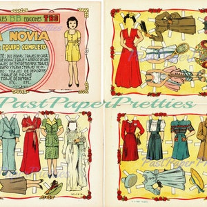 Vintage Spanische Papierpuppen Set 4 niedliche Collage Blätter Barcelona Spanien c. 1940er Jahre Druckbare Digitale Sofortiger digitaler Download JPEG ClipArt