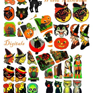ヴィンテージ印刷可能な旧世界のハロウィーン画像コラージュシート PDF インスタントデジタルダウンロードすべてミッドセンチュリーキッチュ不気味なクリップ アート JPG PNG