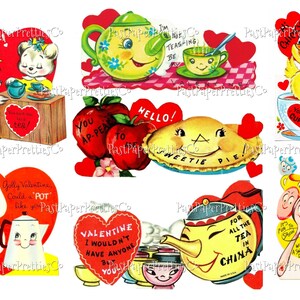 May include: A collection of vintage Valentine's Day cards featuring cute illustrations of animals, food, and teapots. The cards are decorated with hearts and have messages like "You're my cup o' tea" and "Golly Valentine, could a pot like you?"