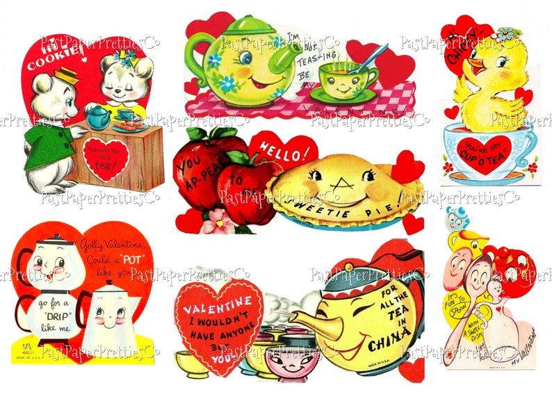 May include: A collection of vintage Valentine's Day cards featuring cute illustrations of animals, food, and teapots. The cards are decorated with hearts and have messages like "You're my cup o' tea" and "Golly Valentine, could a pot like you?"