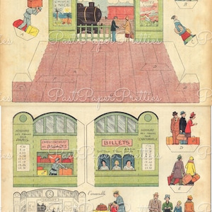 Escena de estación de tren francesa antigua, papel imprimible, recortes para manualidades, descarga digital instantánea, juego de miniaturas, diorama, París, Francia