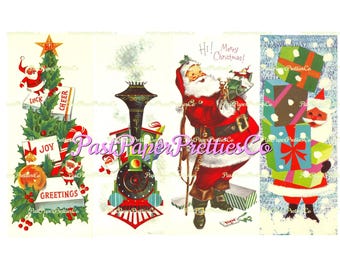 May include: A set of four vintage-style Christmas illustrations featuring a decorated tree with gifts, a steam locomotive, Santa Claus with the text Hi! Merry Christmas!, and Santa Claus carrying a stack of colorful wrapped gift boxes.