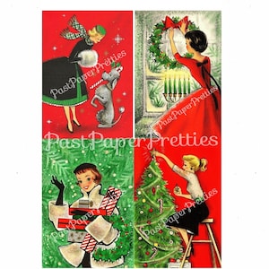 Immagini di biglietti di auguri di Natale vintage stampabili per le casalinghe delle feste Belle donne di metà secolo Casalinghe retrò PDF Download digitale istantaneo SET DUE