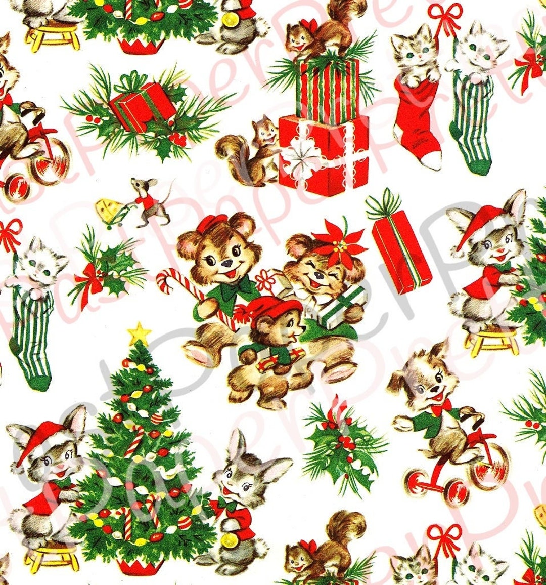 Vintage Printable Christmas Gift Wrap Cute Holiday Animals Retro