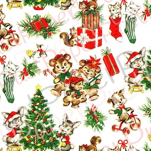 Vintage druckbare Weihnachten Geschenkverpackung niedlichen Urlaub Tiere Retro Geschenkpapier Collage Sheet Sofortiger digitaler Download