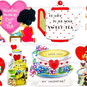 Vintage Coffee Tea Teapot Teacup Kettle Valentines Day Cards Retro Collage Sheets Printable PDF Instant Digital Download Hot Drink Themed image 5