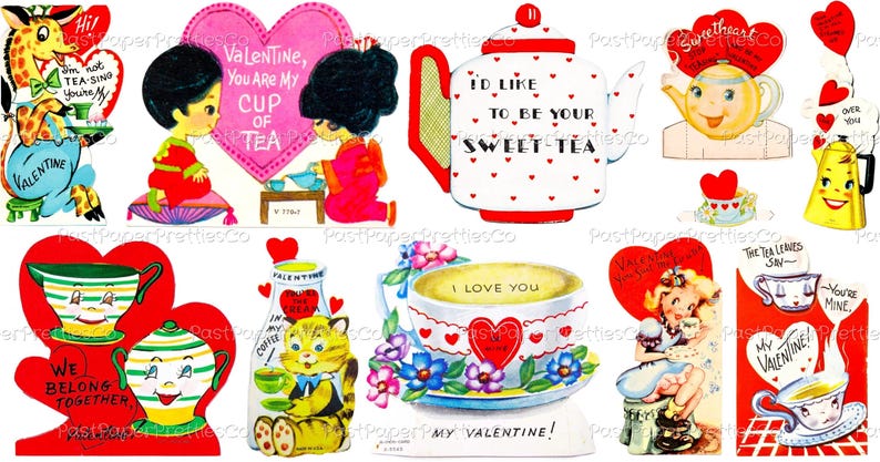 Vintage Coffee Tea Teapot Teacup Kettle Valentines Day Cards Retro Collage Sheets Printable PDF Instant Digital Download Hot Drink Themed image 5