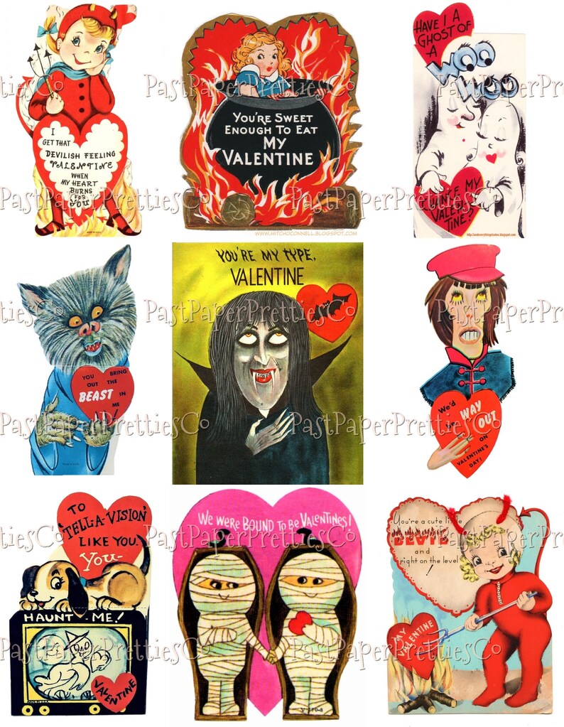 72 Vintage Printable Retro Halloween Valentine Cards Collage Sheets Cute Spooky Images PDF Instant Digital Download ALL Halloween Themed image 5