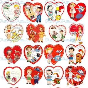 24 Cartões de Dia dos Namorados em Estilo de Boneca de Papel Vintage Imagens Colagem Folhas PDF para Impressão Download Digital Instantâneo Bonecas de Vestir Bonitas Retro