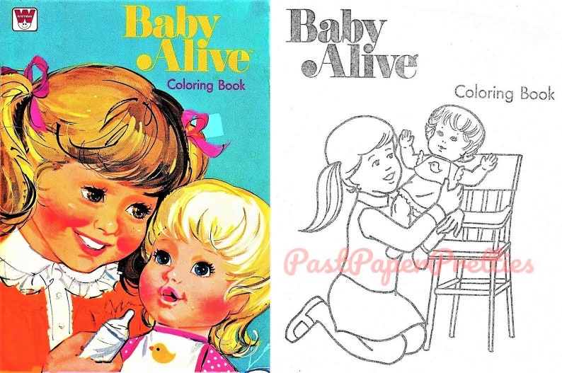 May include: A coloring book featuring a girl holding a Baby Alive doll. The cover of the book has a blue background with the words "Baby Alive Coloring Book" in white text. The doll is wearing a pink and white dress with a yellow bird on the front. The girl is wearing a red and white dress with a white collar.