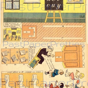 Vintage antieke jaren 1920 Frans schoolgebouw scène afdrukbaar papier ambacht Instant digitale download miniatuur schoolklas diorama speelset