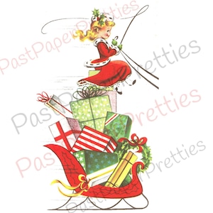 Vintage druckbare süße kleine Fräulein Weihnachten Shopping Girl Schlitten präsentiert Grußkarte Bild Sofortiger digitaler Download Kitsch ClipArt