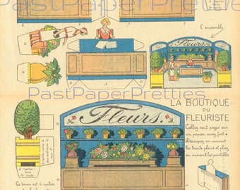 Vintage Blumenladen Szene druckbare Papierfertigkeit Ausschnitte PDF Sofortiger digitaler Download Miniatur Florist Store Spielset Diorama