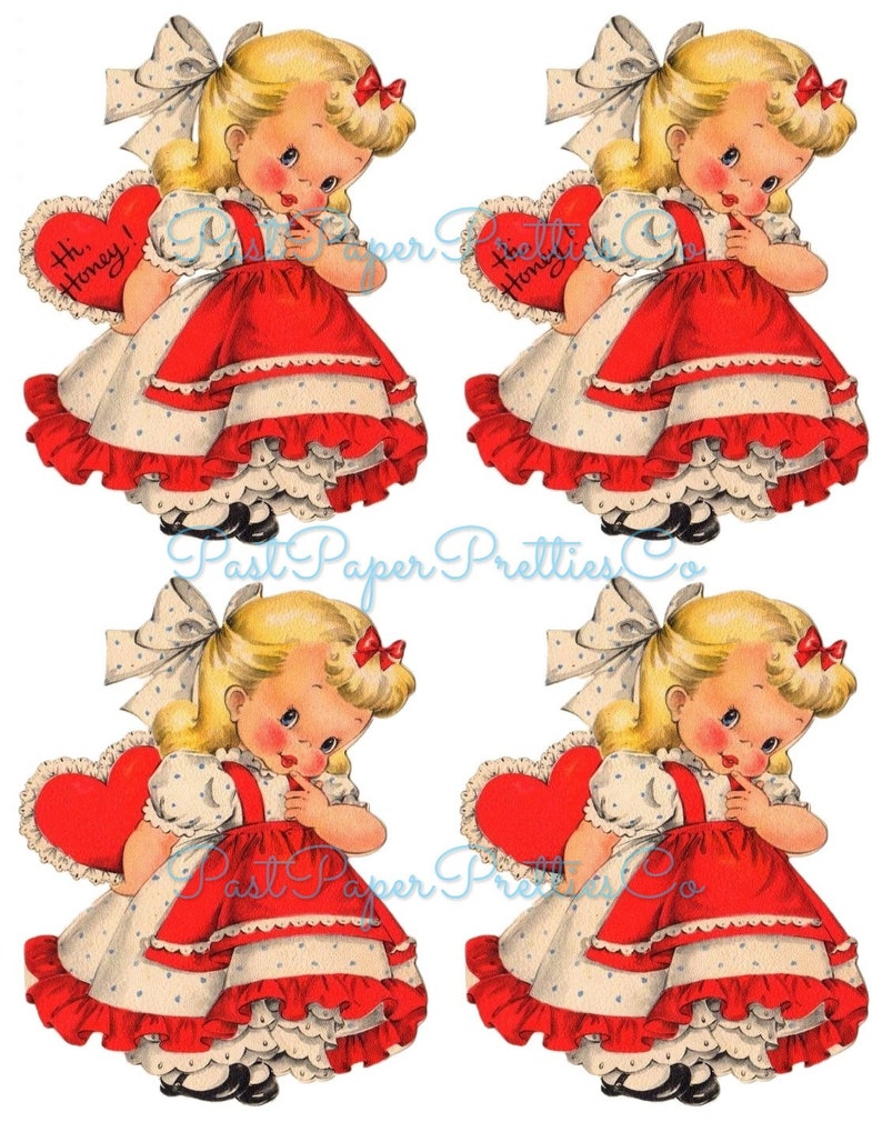 Biglietto di San Valentino vintage stampabile, carino, timido, grazioso, piccola signorina di San Valentino, immagine anni '50 circa, PDF, download digitale immediato, JPEG, PNG 300 dpi immagine 1