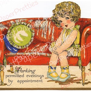 Vintage antieke afdrukbare art deco-valentijnskaarten of datumkaart afbeelding schattig terughoudend meisje c. Instant digitale download jaren 1930 Schattig parkeren toegestaan