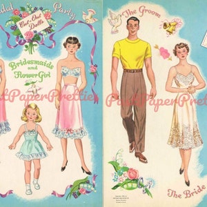 Vintage Papierpuppen Brautparty Cut-Out Dolls c. 1950 druckbare PDF Sofortiger digitaler Download Süßer Kitsch Hochzeit Braut Bräutigam ClipArt