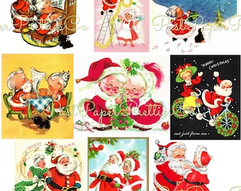 Vintage Printable Christmas Cards Mr and Mrs Santa Claus Collection Card Images PDF Instant Digital Download Mid Century Xmas Clip Art