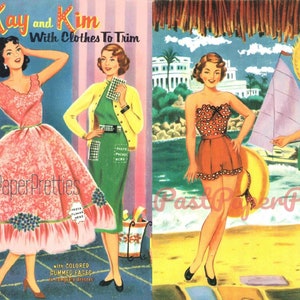 Bonecas de papel vintage Kay e Kim com roupas para enfeitar c. 1956 para impressão digital instantânea Download 2 lindas bonecas roupas e enfeites JPEG PDF