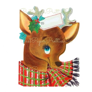 Vintage Christmas Printable Big Eyed Reindeer Gift Tag Collage & Single Card Image PDF Instant Digital Download Holiday Deer Clipart JPG PNG