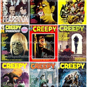 May include: A collection of vintage "Creepy" and "Castle of Frankenstein" horror comic book covers. The covers feature illustrations of monsters, vampires, and other horror themes. The color palette includes red, yellow, and green.
