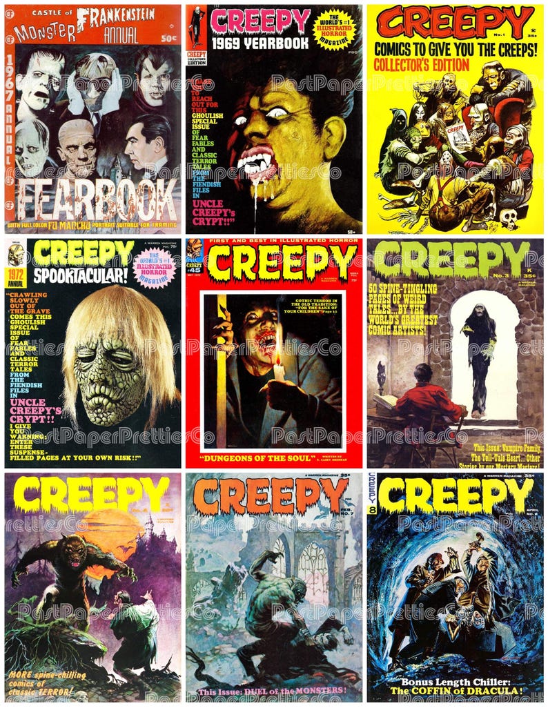 May include: A collection of vintage "Creepy" and "Castle of Frankenstein" horror comic book covers. The covers feature illustrations of monsters, vampires, and other horror themes. The color palette includes red, yellow, and green.
