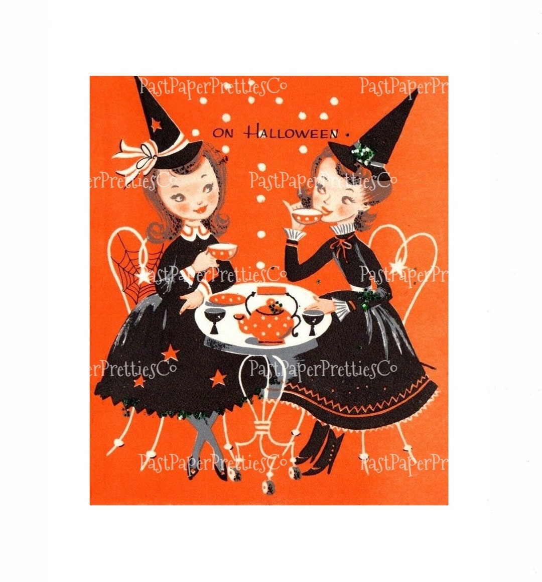 Vintage Printable Halloween Card Pretty Witches Girlfriends Sipping Tea ...