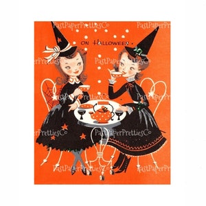 Carte d'Halloween imprimable vintage jolies copines de sorcières en sirotant du thé Image MCM des années 1950 en téléchargement numérique mignon effrayant effrayant