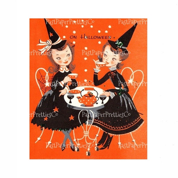 Vintage Printable Halloween Card Pretty Witches Girlfriends Sipping Tea Image MCM 1950s Instant Digital Download Cute Spooky Clip Art