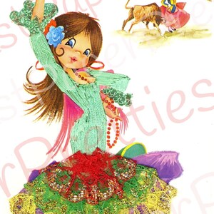 Vintage Printable Pretty Big Eyed Spanish Dancer Girls 1970s Postcard Images PDF Instant Digital Download Kitsch Fabric Dresses 300 dpi image 8