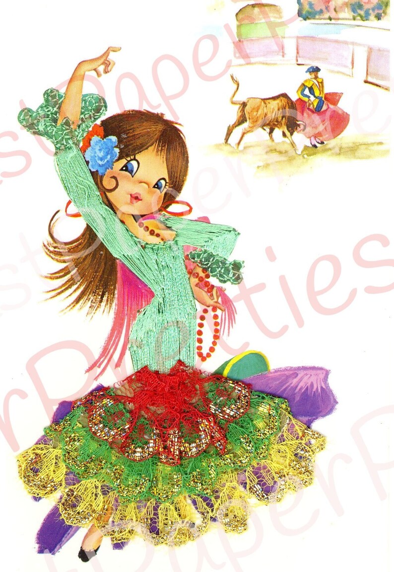 Vintage Printable Pretty Big Eyed Spanish Dancer Girls 1970s Postcard Images PDF Instant Digital Download Kitsch Fabric Dresses 300 dpi image 8