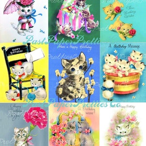 以下が含まれることがあります： 異なる背景とメッセージで子猫が描かれた、ヴィンテージの誕生日カード9枚。カードは、ピンク、ブルー、イエロー、グリーンなど、パステルカラーで構成されています。カードには、「ハッピーバースデー」、「あなたへの誕生日のお願い」、「あなただけのために」、「3つの誕生日のお願い」、「誕生日メッセージ」、「お誕生日おめでとう」、「誕生日のお願い」、「素敵な誕生日おめでとう」というテキストが書かれています。