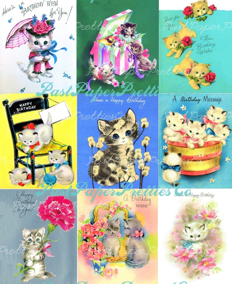 以下が含まれることがあります： 異なる背景とメッセージで子猫が描かれた、ヴィンテージの誕生日カード9枚。カードは、ピンク、ブルー、イエロー、グリーンなど、パステルカラーで構成されています。カードには、「ハッピーバースデー」、「あなたへの誕生日のお願い」、「あなただけのために」、「3つの誕生日のお願い」、「誕生日メッセージ」、「お誕生日おめでとう」、「誕生日のお願い」、「素敵な誕生日おめでとう」というテキストが書かれています。
